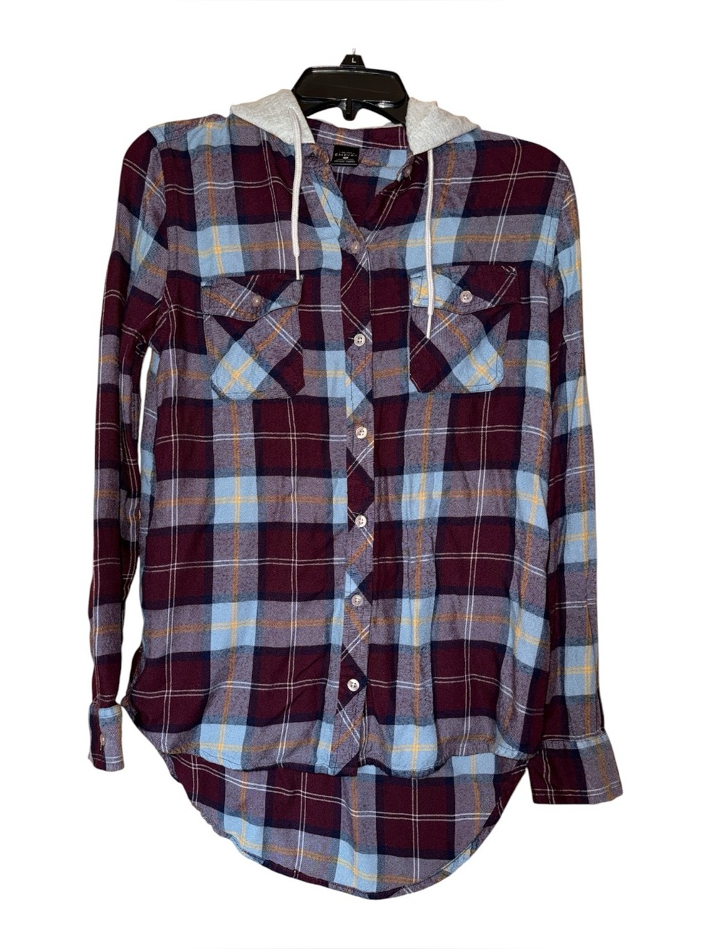 Empyre Plaid Hooded Flannel Shirt Womens Small Burgundy Blue Grunge Skater